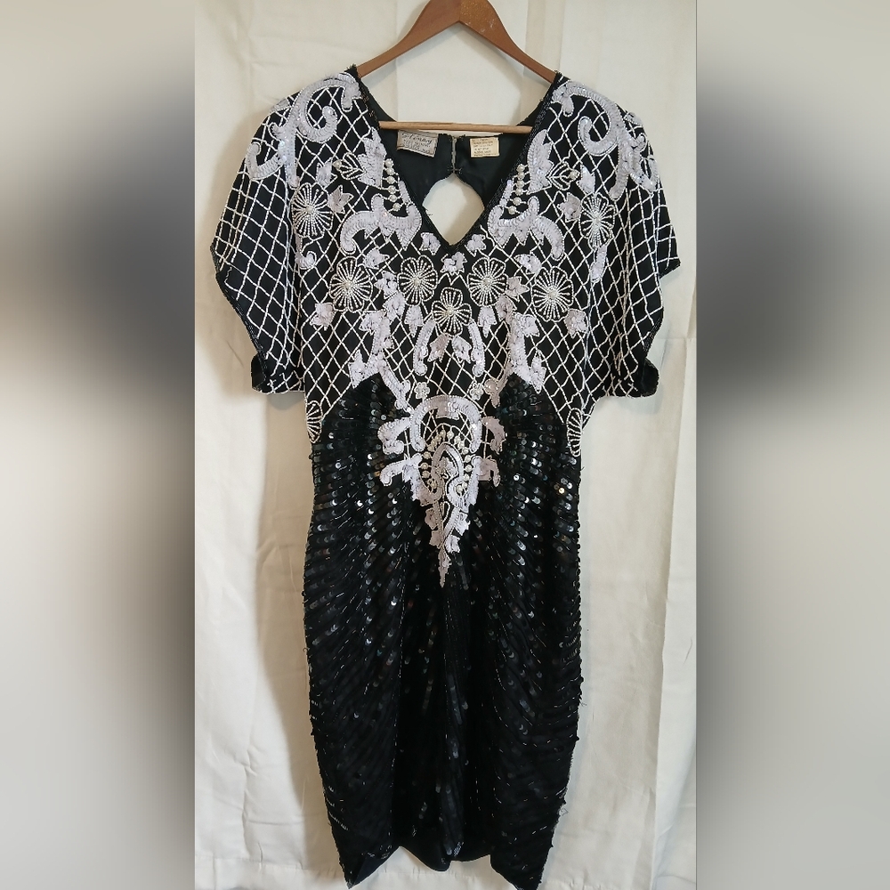 Vintage Black and White 100% Silk Sequence Embroidered Dress
